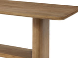 Close-up of the Minturno 95-Inch Light Oak Sled Base Dining Set with 6 Chairs: the rounded-corner oak top and one upright of the loop base