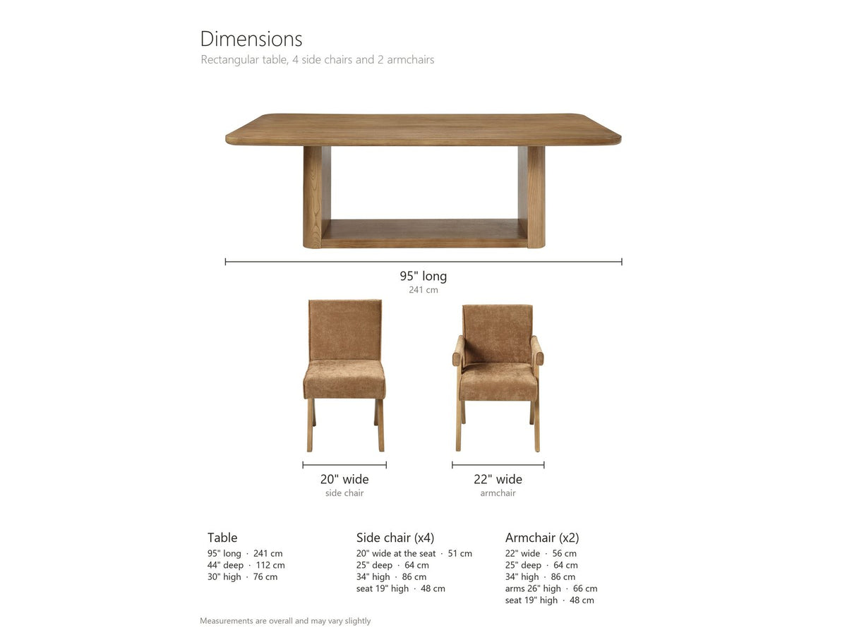 Minturno 95-Inch Light Oak Sled Base Dining Set with 6 Chairs dimensions: table 95 in long, 44 in deep and 30 in high; each side chair 20 in wide at the seat, 25 in deep and 34 in high, seat 19 in high; each armchair 22 in wide, 25 in deep and 34 in high, arms 26 in high