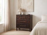 Mirano 33-Inch Velvet Mocha Carved Mango 3-Drawer Chest against a plaster wall under an abstract canvas in a bright bedroom