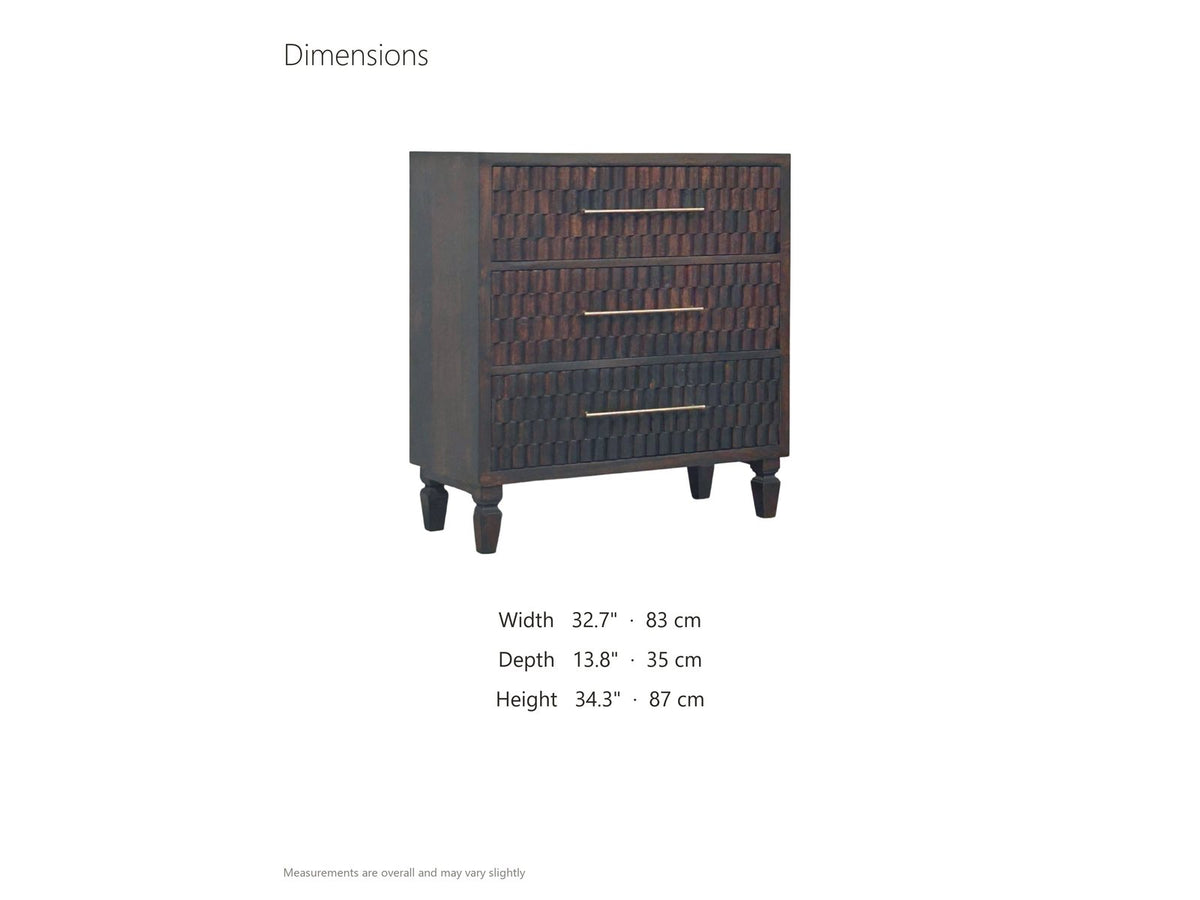 Mirano 33-Inch Velvet Mocha Carved Mango 3-Drawer Chest dimensions: 32.7 in wide, 13.8 in deep, 34.3 in high