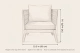 Mistretta lounge chair dimensions: 33.5 in wide, 29.5 in high to the top of the frame, 31.5 in deep