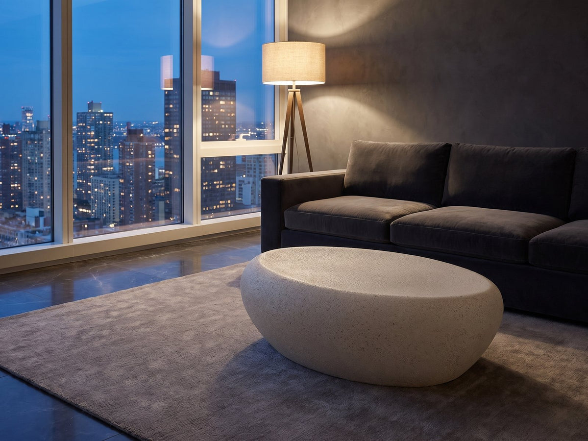 Modica Cream Fiberglass Pebble Coffee Table on a wool rug in front of a velvet sofa in a city penthouse at blue hour