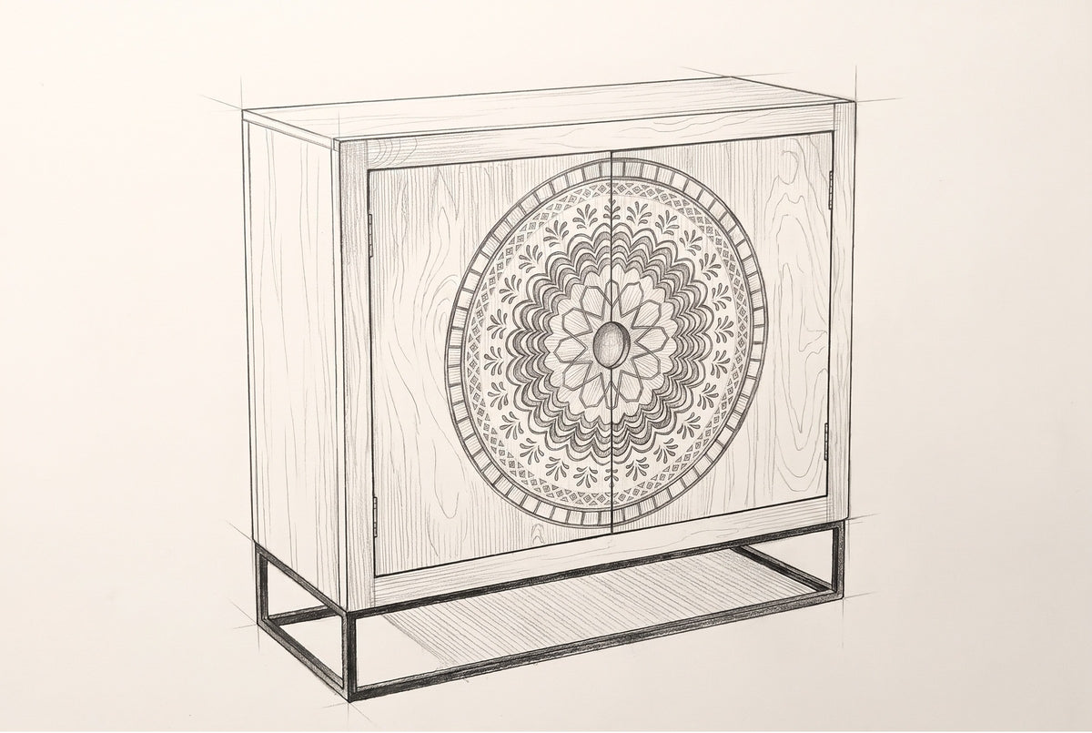 Pencil sketch of the Molfetta cabinet, drawn from the same three-quarter view