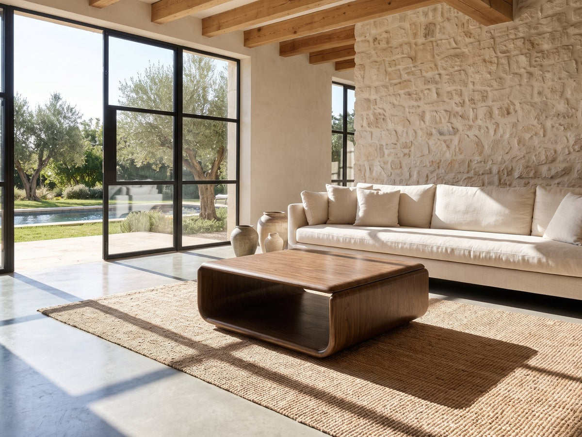 Molveno Walnut-Tone Wood Veneer Coffee Table on a jute rug in front of a linen sofa in a poolside villa