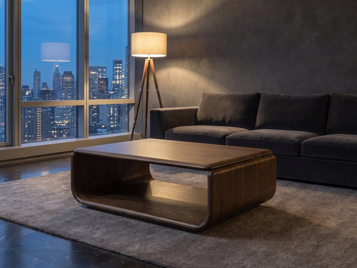 Molveno Walnut-Tone Wood Veneer Coffee Table on a wool rug in front of a velvet sofa in a city penthouse at blue hour