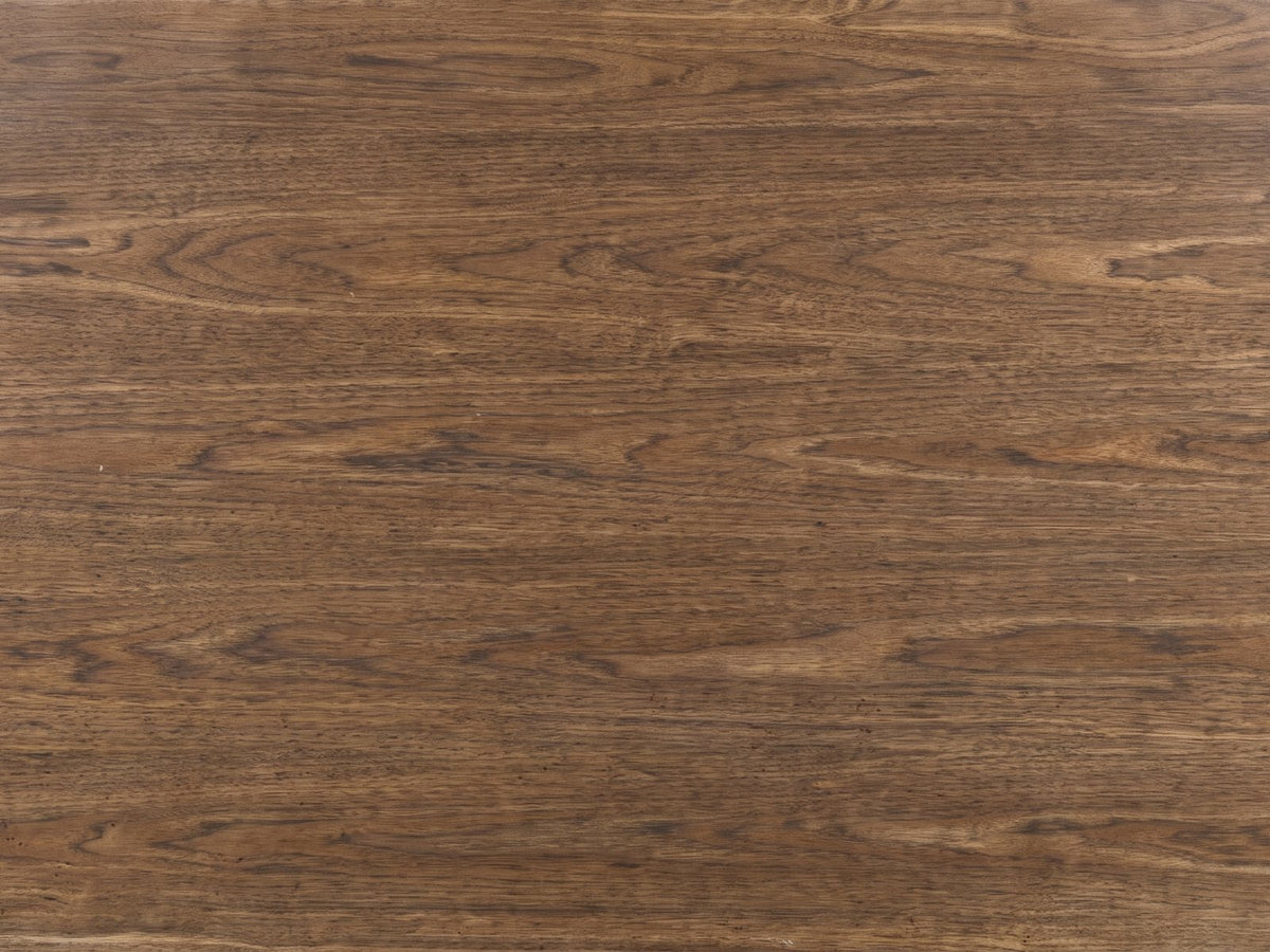 Close-up of the Molveno Walnut-Tone Wood Veneer Coffee Table: the walnut-tone wood veneer grain of the top