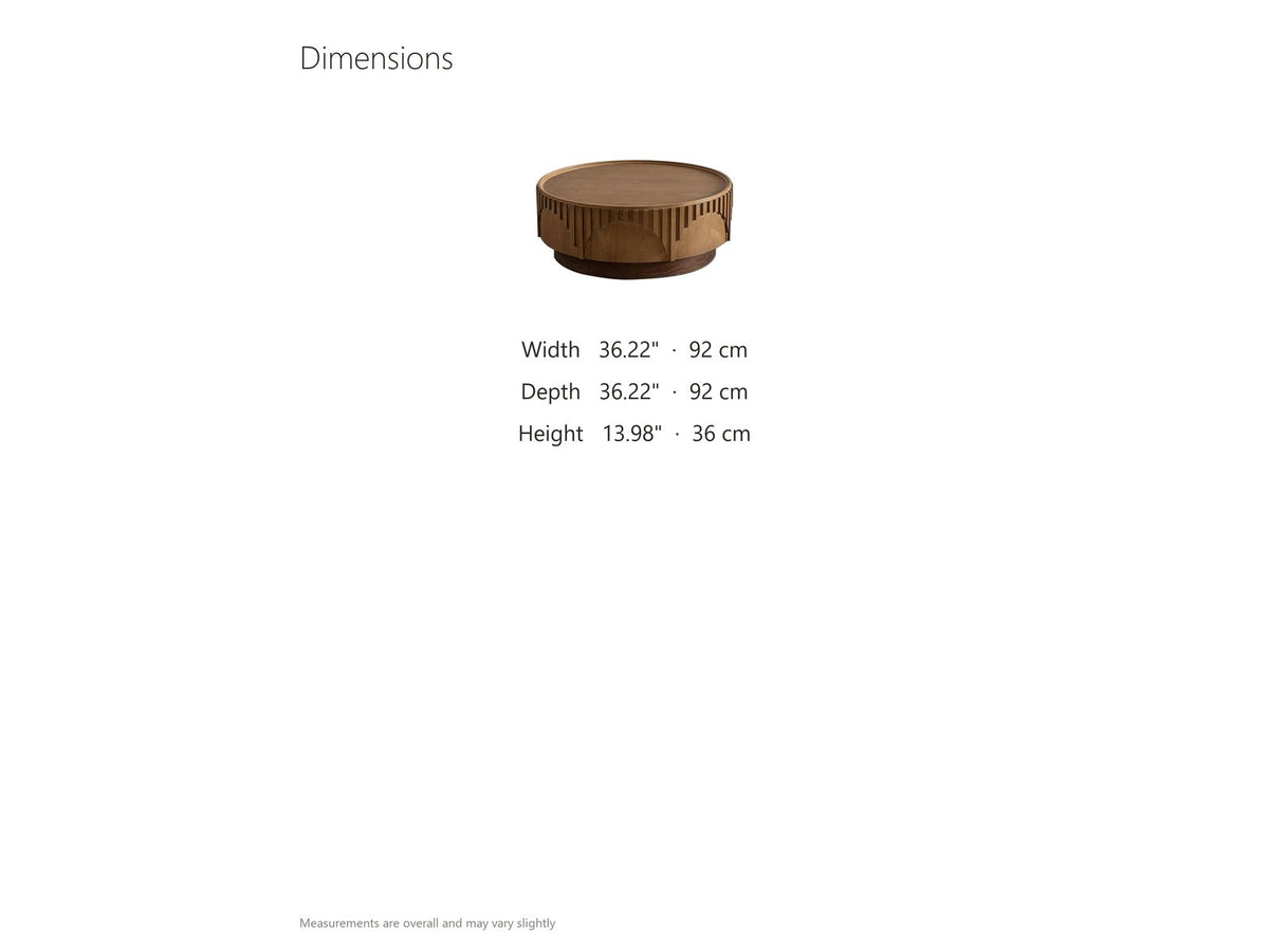 Mondovi 36-Inch Round Carved Limed Ash Drum Coffee Table dimensions: 36.22 in wide, 36.22 in deep, 13.98 in high