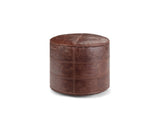 Moneglia Distressed Brown Top-Grain Buffalo Leather Round Pouf photographed on white