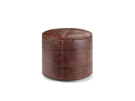 Moneglia Distressed Brown Top-Grain Buffalo Leather Round Pouf photographed on white
