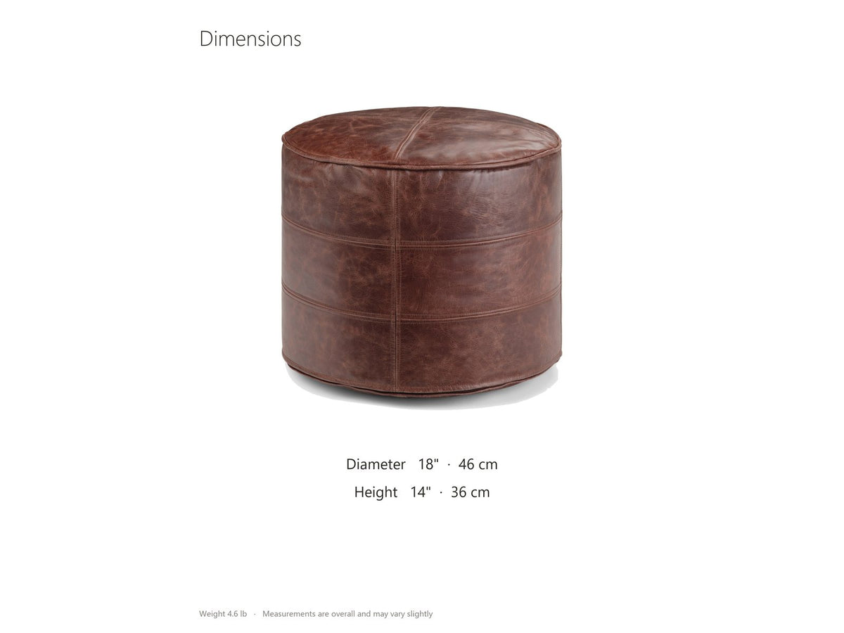 Moneglia Distressed Brown Top-Grain Buffalo Leather Round Pouf dimensions: 18 in diameter, 14 in high