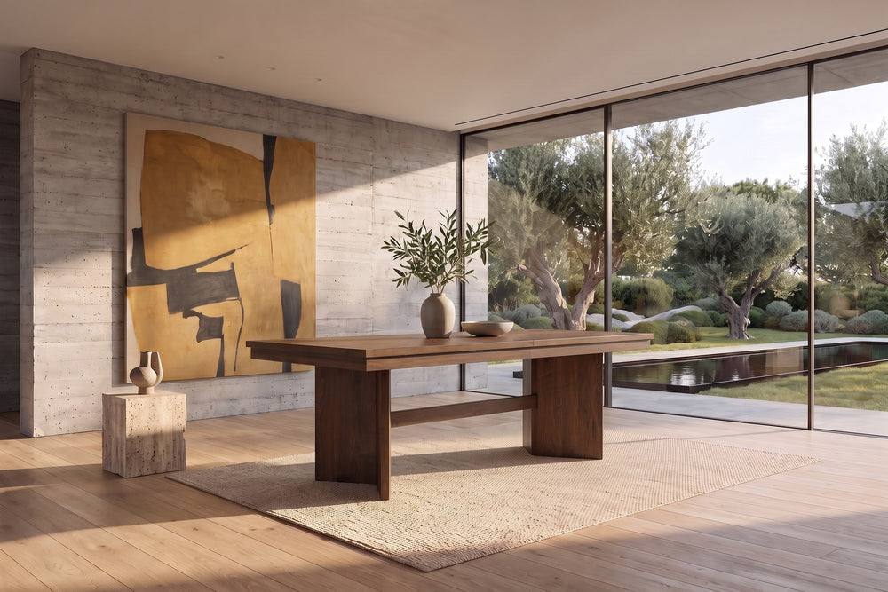 Mongiana 76-94-Inch Extending Rectangular Walnut Veneer Dining Table in a sunlit villa dining room