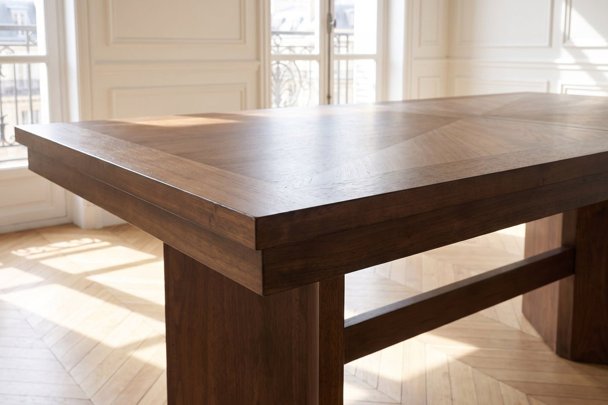 Close-up of the Mongiana 76-94-Inch Extending Rectangular Walnut Veneer Dining Table: top