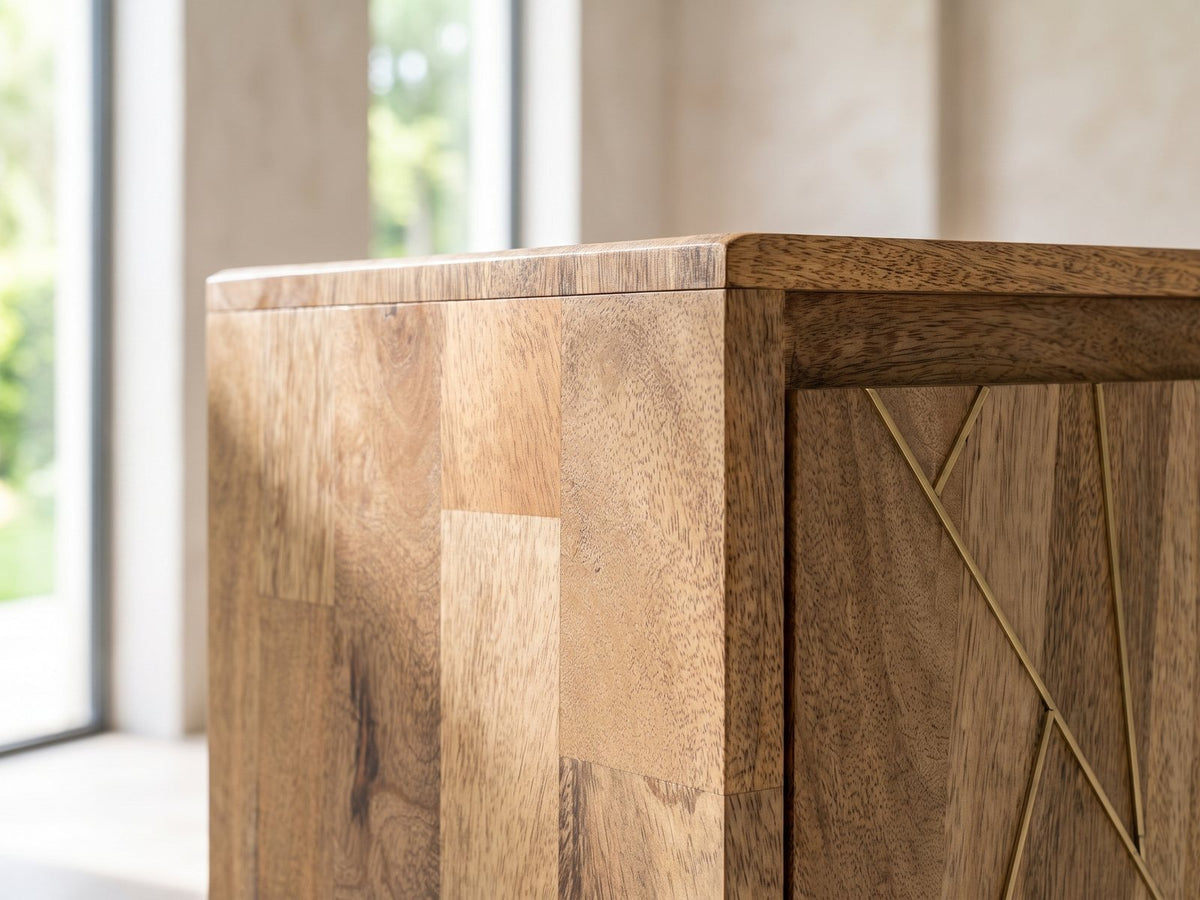 Close-up of the Monopoli Mango and Brass Media Console: the mango wood top corner with its plank pattern and the inlaid door below