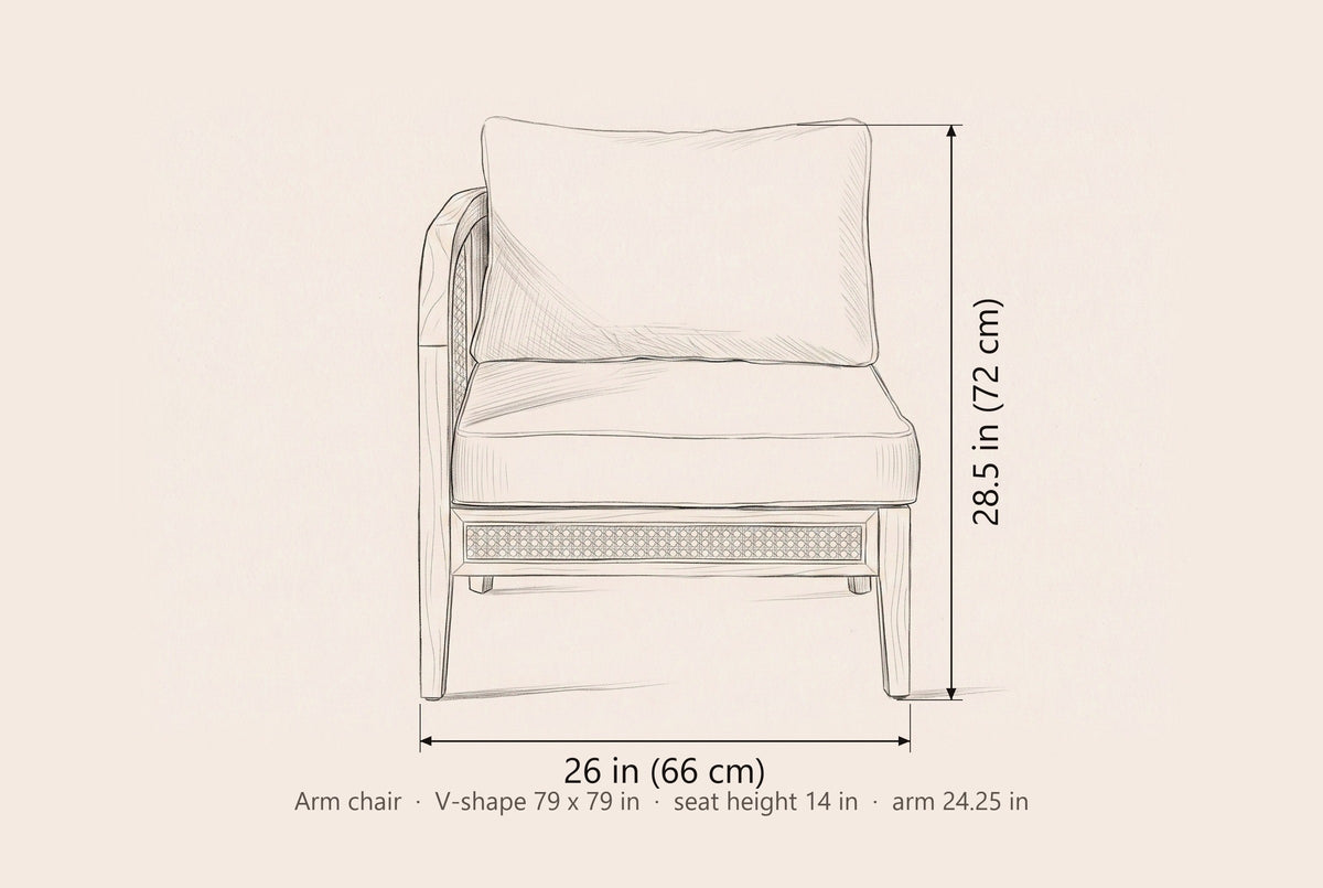 Monreale arm chair dimensions: 26 in wide, 28.5 in high; the V-shape is 79 in along each side