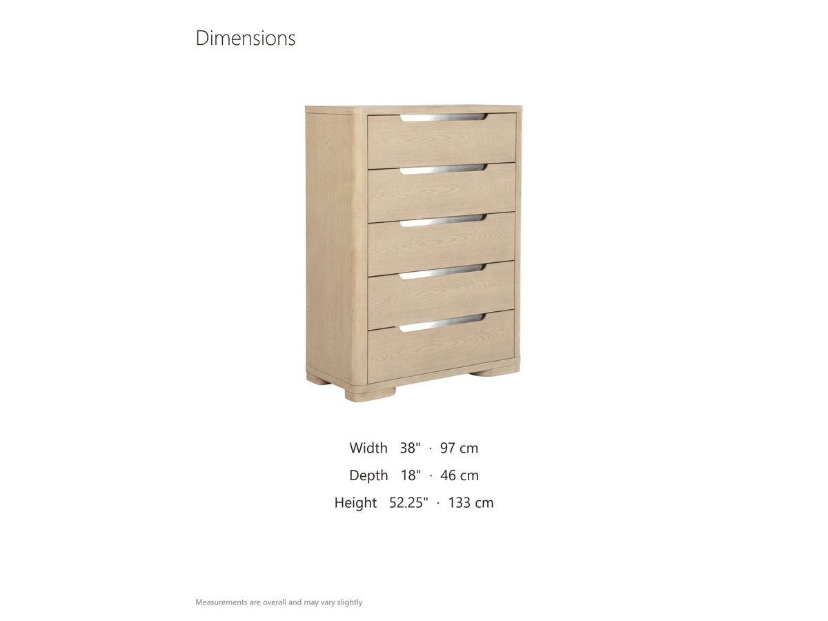 Monselice 38-Inch Light Elm 5-Drawer Chest dimensions: 38.0 in wide, 18.0 in deep, 52.25 in high