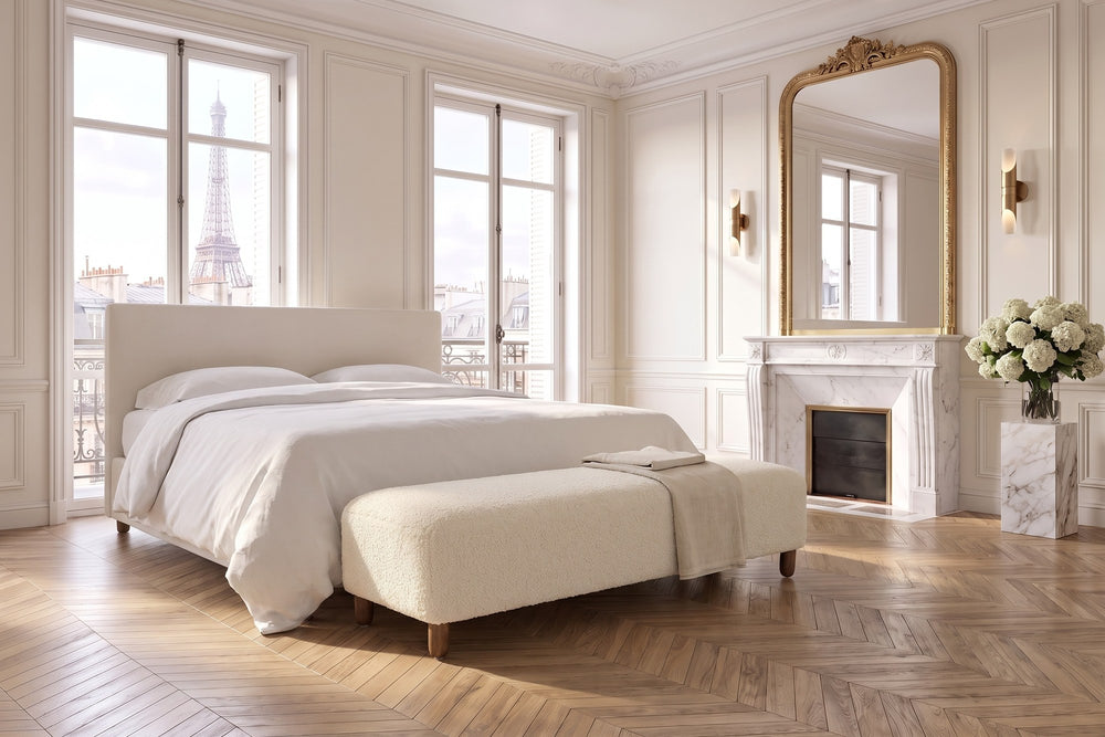 Montalto 60-Inch Ivory Sherpa Upholstered Bench Ottoman in a bedroom