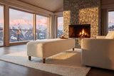 Montalto 60-Inch Ivory Sherpa Upholstered Bench Ottoman in an alpine chalet