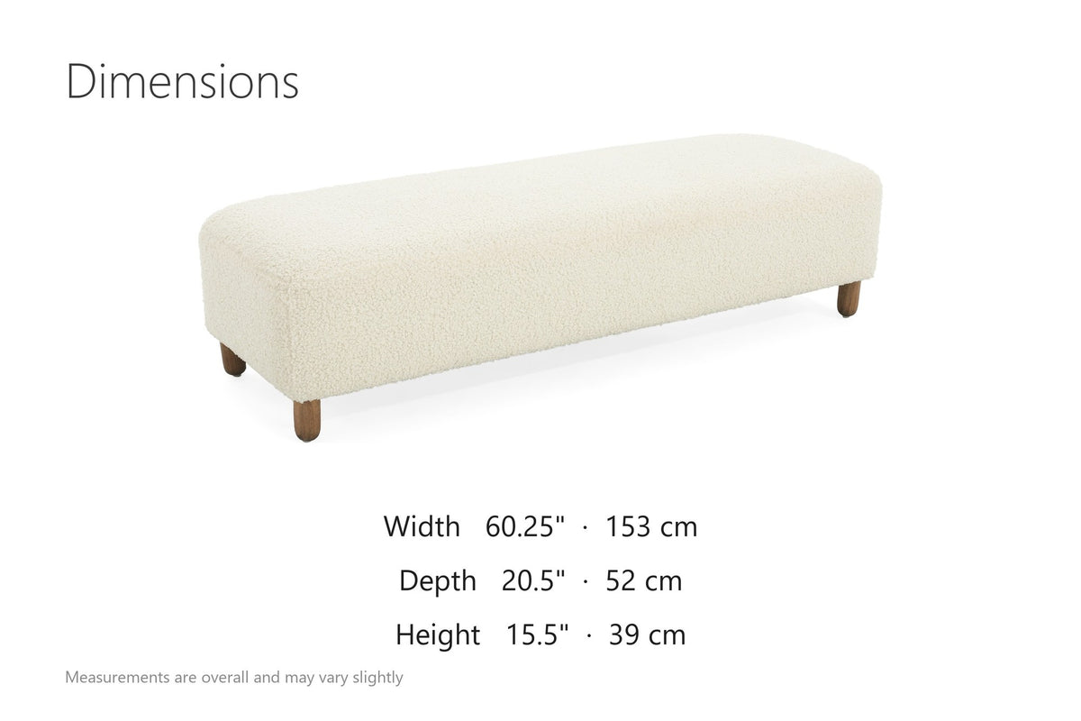 Montalto 60-Inch Ivory Sherpa Upholstered Bench Ottoman dimensions