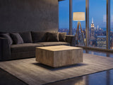 Montecatini Square Mango Coffee Table on a wool rug in front of a velvet sofa in a city penthouse at blue hour