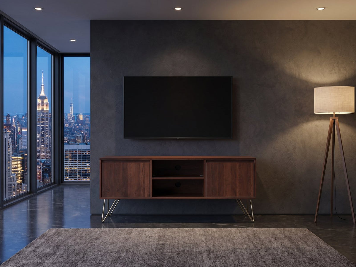 Montefalco Solid Mango Media Console under a wall-mounted screen in a city penthouse at blue hour