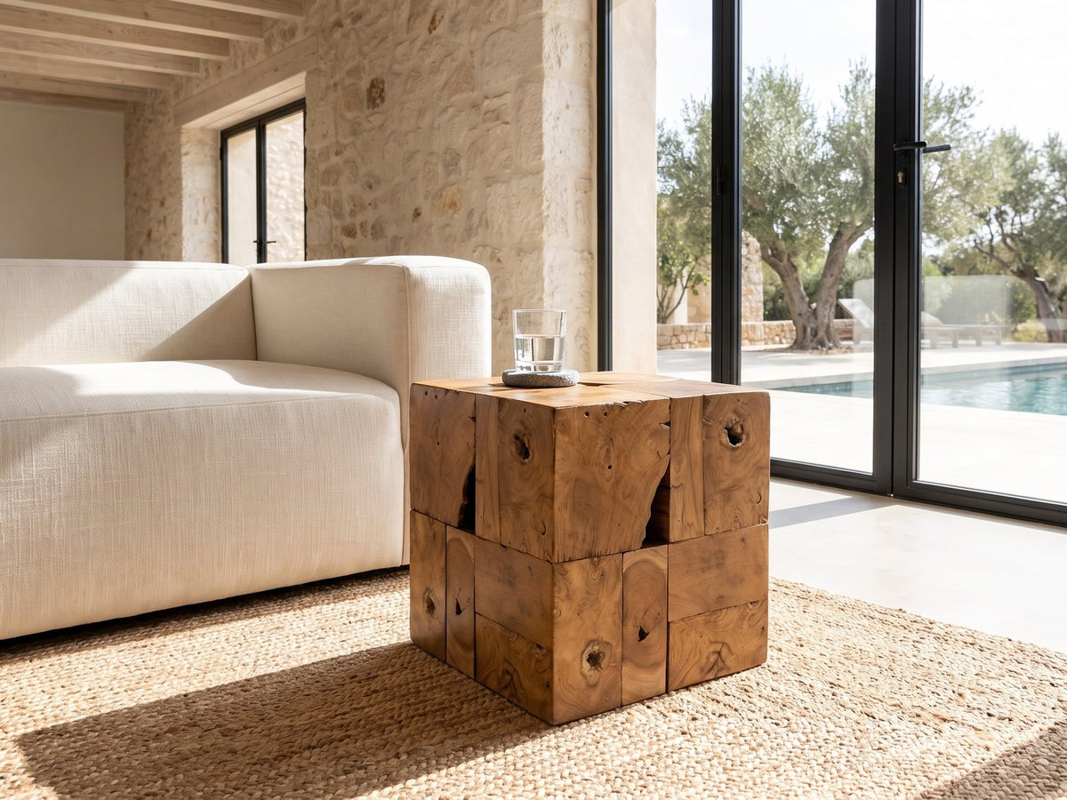 Montefiore Teak Root Cube Side Table beside a linen sofa in a poolside villa