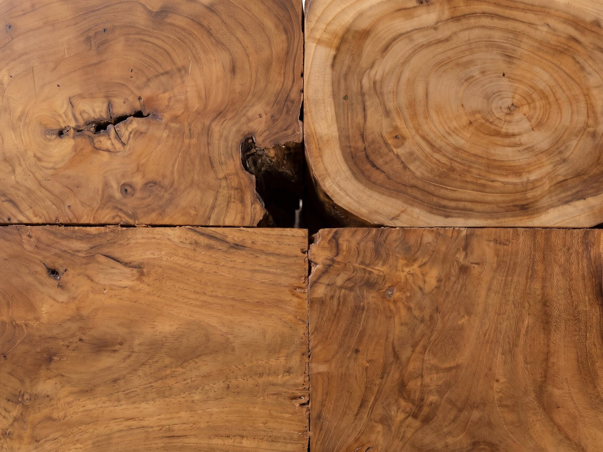 Close-up of the Montefiore Teak Root Cube Side Table: the teak root figure of the top