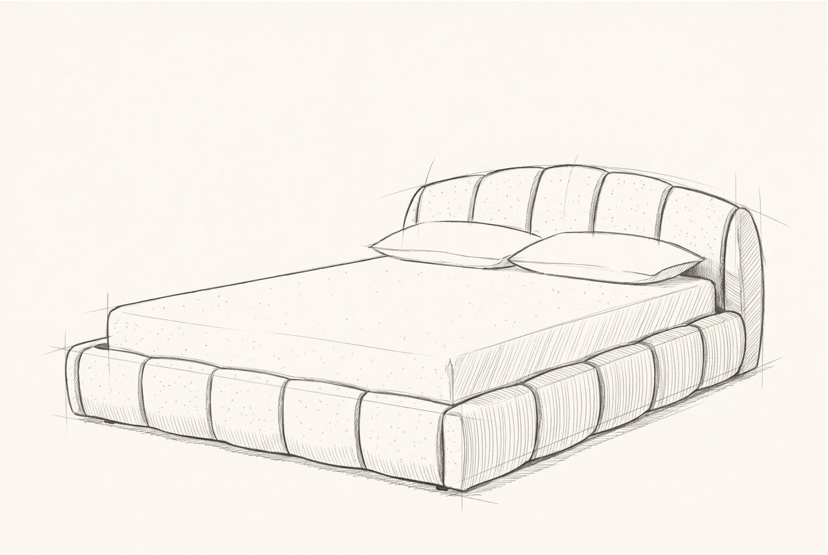 Pencil sketch of the Montenerodomo floor bed with a mattress and two pillows, drawn from the same three-quarter view