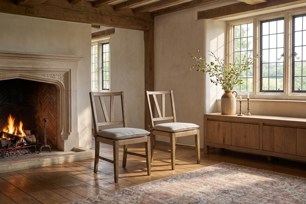 Montepaone V-Back Woven Cord Dining Chair (Set of 2) in an English country dining room