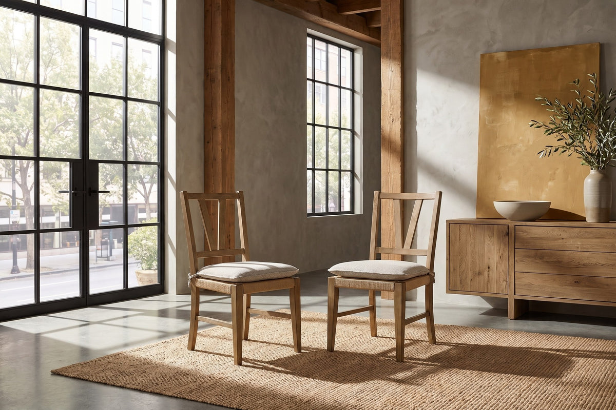 Montepaone V-Back Woven Cord Dining Chair (Set of 2) in a city loft
