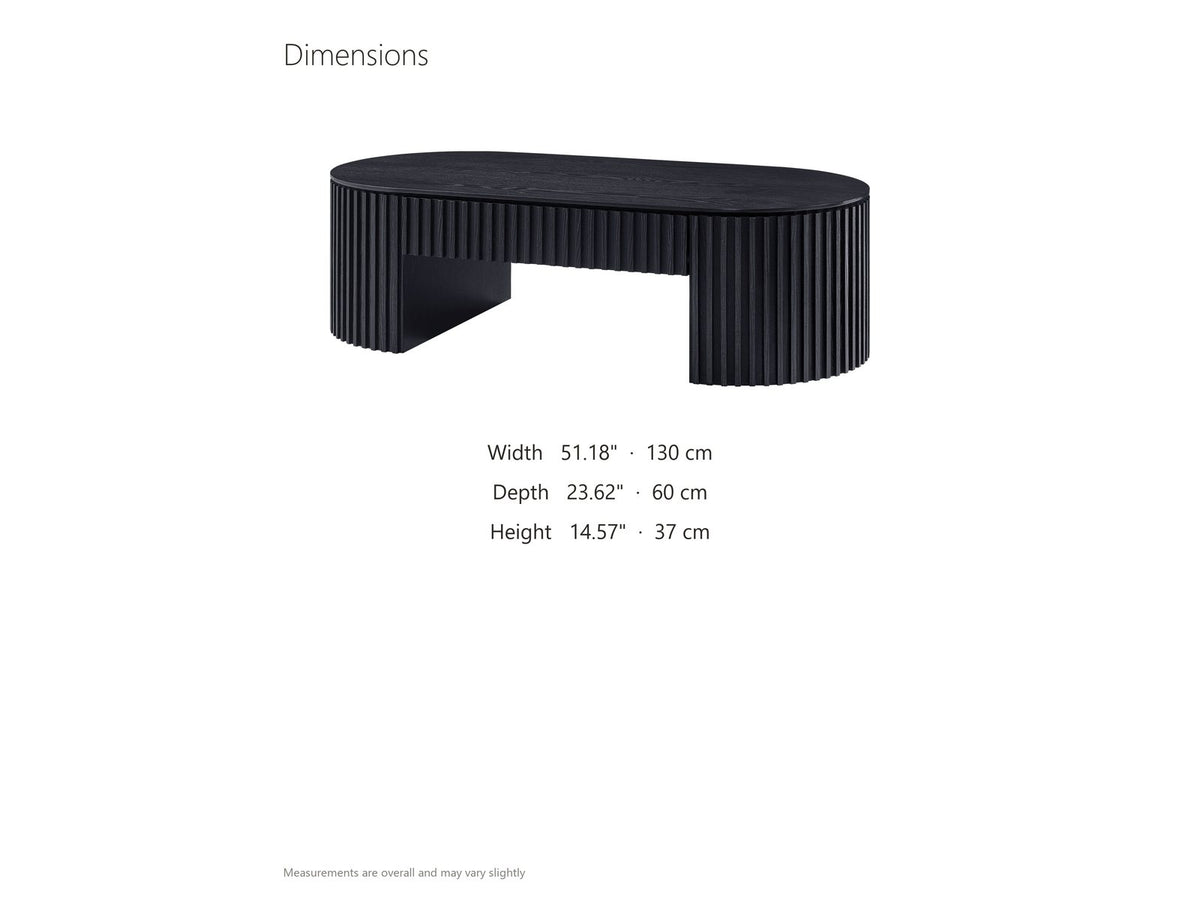 Monterosso Black Wood Veneer Fluted Oval Coffee Table dimensions: 51.18 in wide, 23.62 in deep, 14.57 in high