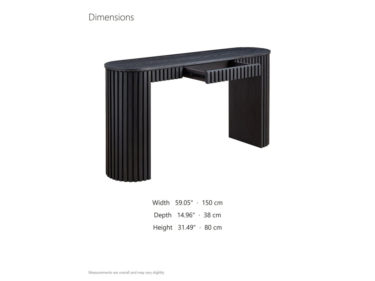 Monterosso Black Wood Veneer Fluted Oval Console Table dimensions: 59.05 in wide, 14.96 in deep, 31.49 in high