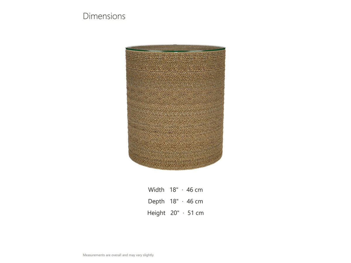 Montescaglioso Woven Seagrass Drum Side Table dimensions: 18.0 in wide, 18.0 in deep, 20.0 in high