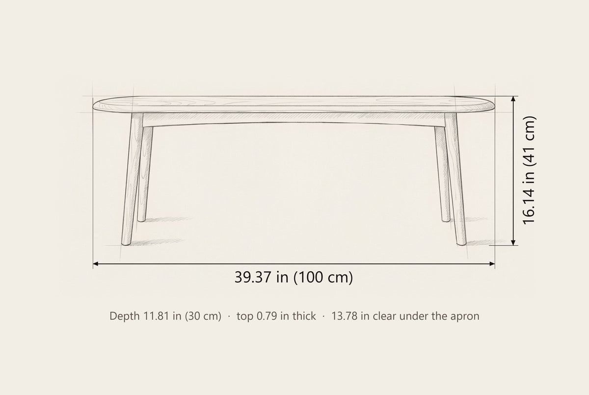 Montone bench dimensions: 39.37 in long, 16.14 in high, 11.81 in deep