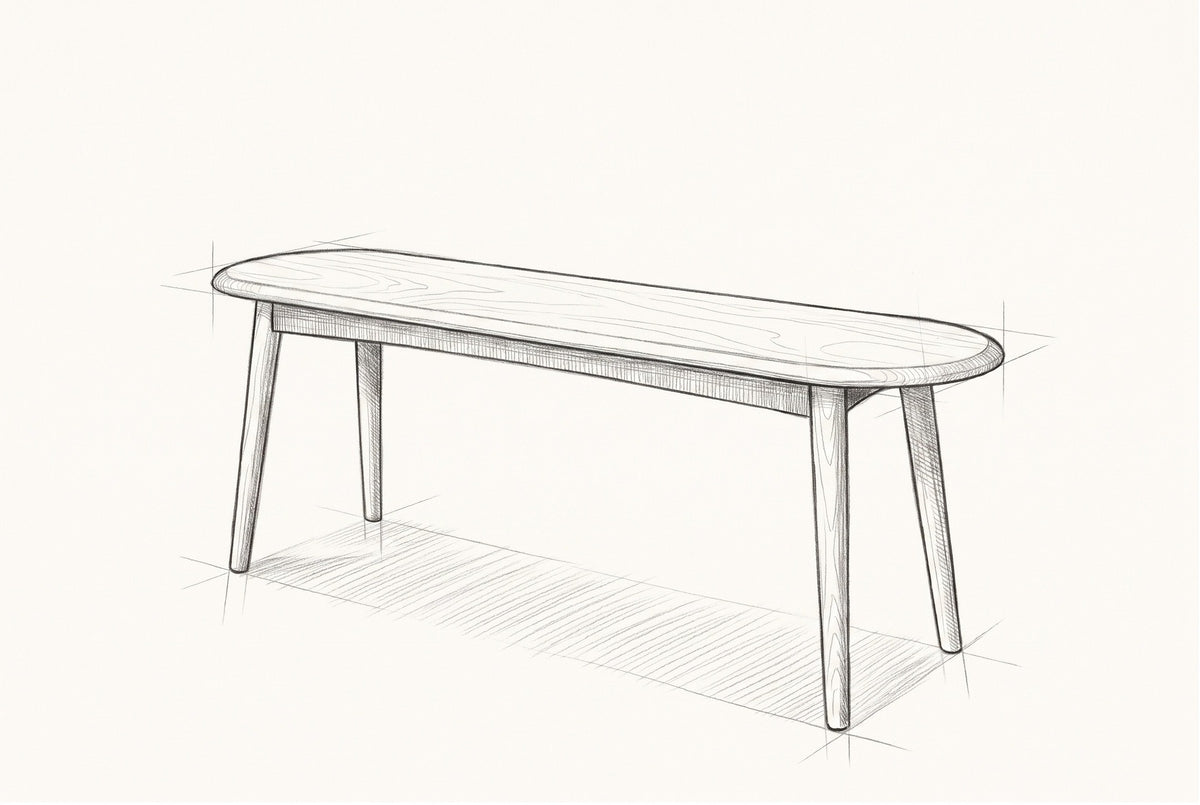 Pencil sketch of the Montone bench, drawn from the same three-quarter view