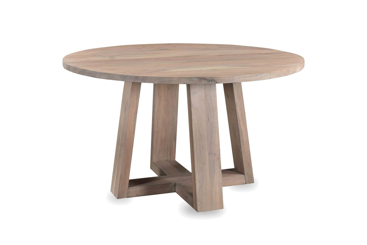 Morano 54-Inch Round Grey-Washed Solid Acacia Dining Table on a white background