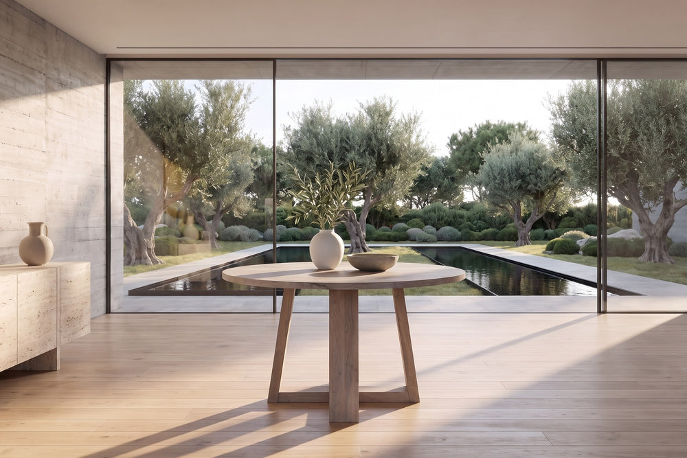 Morano 54-Inch Round Grey-Washed Solid Acacia Dining Table in a sunlit villa dining room