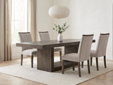 Mormanno 76 to 96-Inch Extending Brown Acacia Dining Set with 4 Chairs in a bright plaster dining room with linen curtains