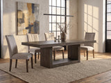 Mormanno 76 to 96-Inch Extending Brown Acacia Dining Set with 4 Chairs in an industrial loft dining area