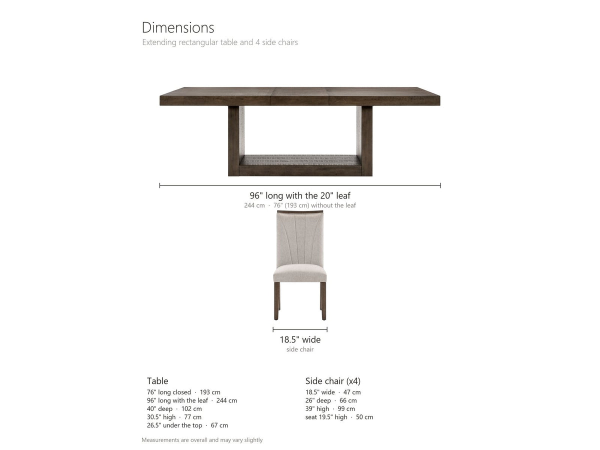 Mormanno 76 to 96-Inch Extending Brown Acacia Dining Set with 4 Chairs dimensions: table 76 in long closed and 96 in long with the 20-in leaf, 40 in deep and 30.5 in high, 26.5 in clearance under the top; each chair 18.5 in wide, 26 in deep and 39 in high, seat 19.5 in high