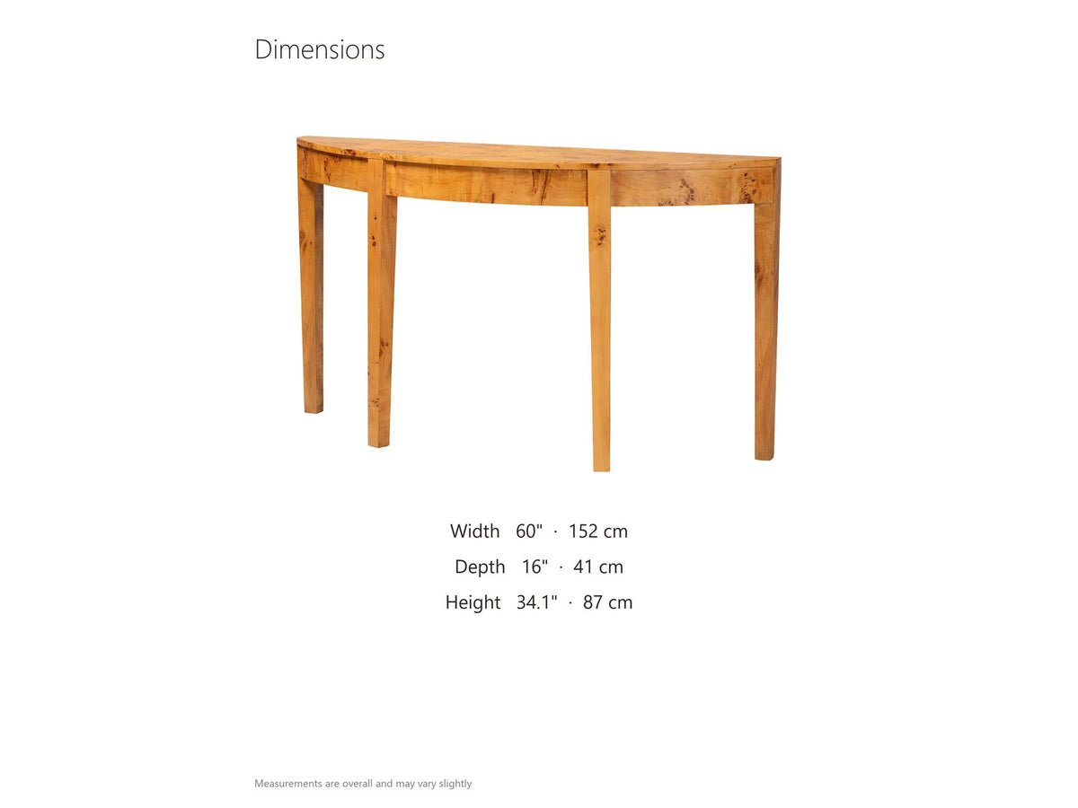 Mottola Mappa Burl Half-Moon Console Table dimensions: 60.0 in wide, 16.0 in deep, 34.1 in high