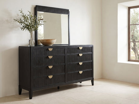 Murano 66-Inch Black Oak 8-Drawer Dresser with Mirror under a round bronze mirror in a villa bedroom
