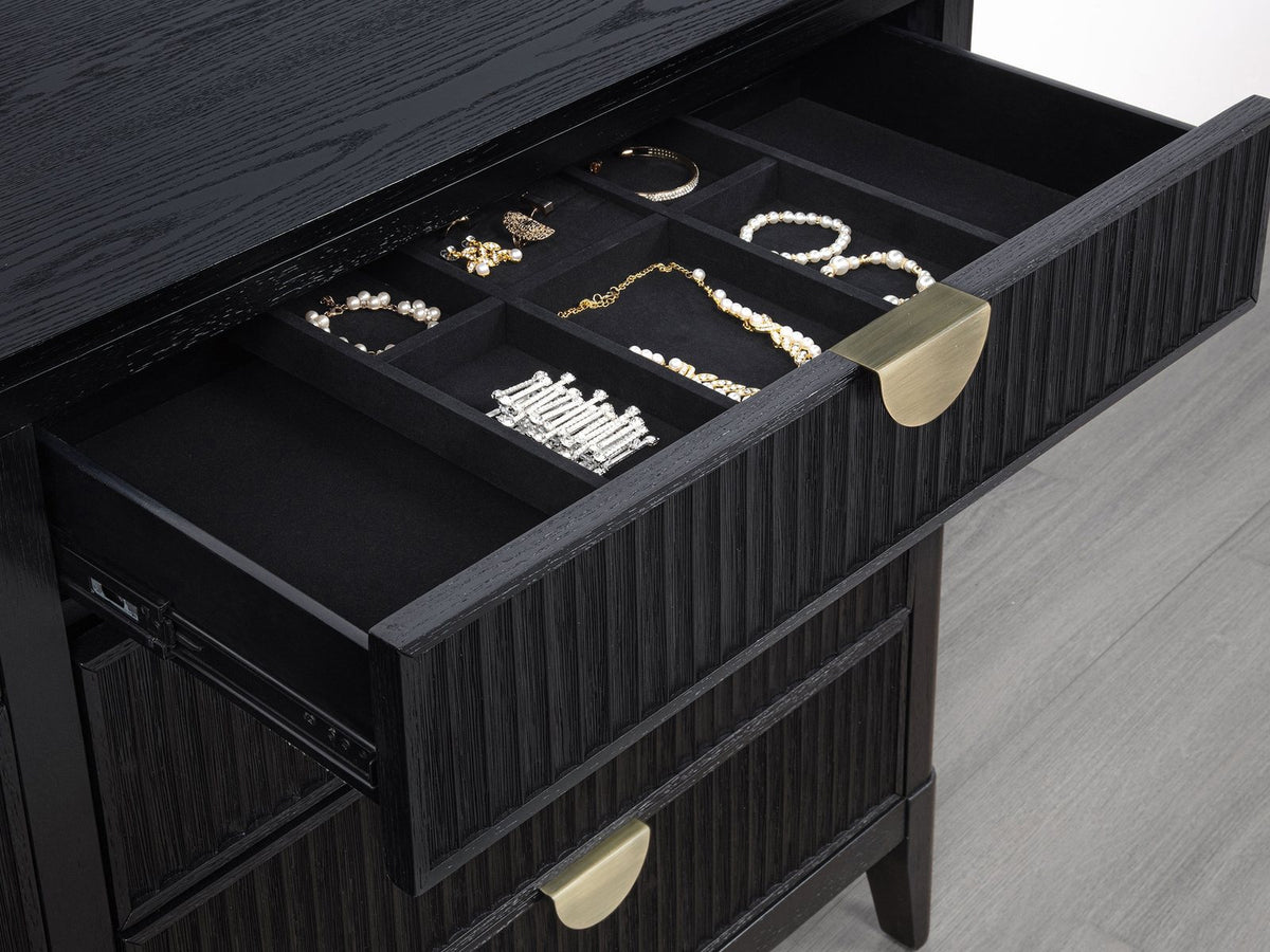 Close-up of the Murano 66-Inch Black Oak 8-Drawer Dresser with Mirror: drawer