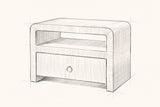 Pencil sketch of the Muravera nightstand, drawn from the same three-quarter view