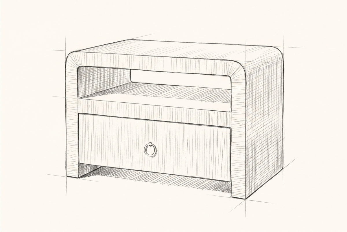 Pencil sketch of the Muravera nightstand, drawn from the same three-quarter view
