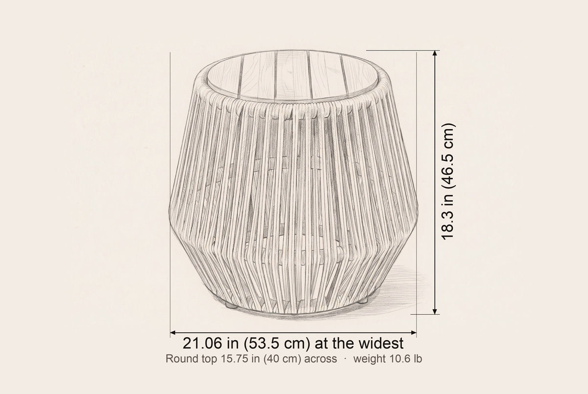 Naro side table dimensions: 21.06 in wide at the widest, 18.3 in high, round top 15.75 in across