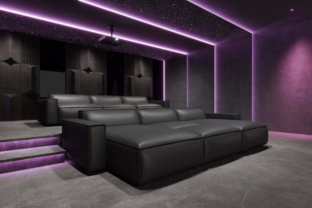 Valencia Nathan Full Aniline Leather Media Lounge Bed Shape Modular Sofa with Down Feather Fill, Black