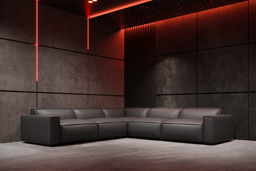 Valencia Nathan Full Aniline Leather Media Lounge Three Seats Modular Sofa with Down Feather Fill, Black