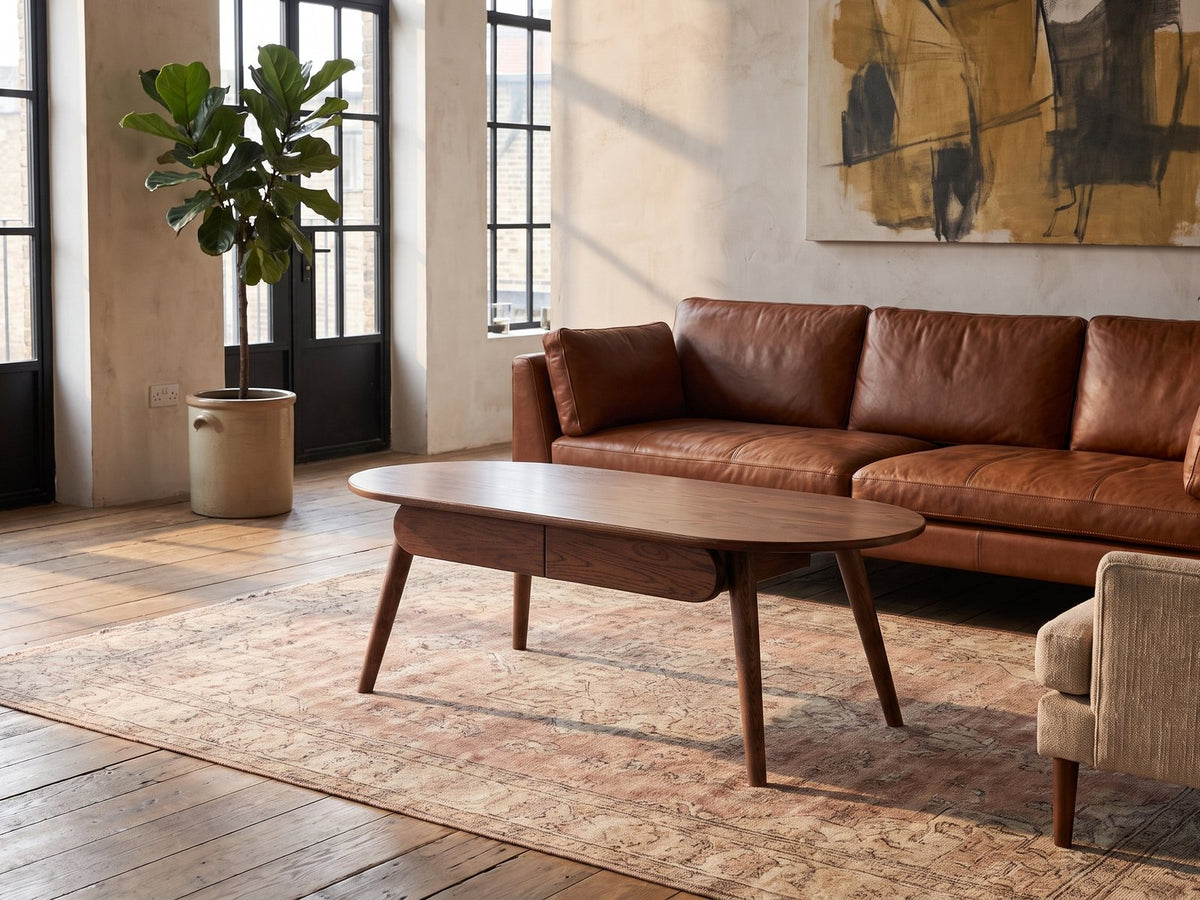 Neive 47-Inch Oval Walnut-Stained Solid Oak Coffee Table with 2 Drawers on a vintage rug in front of a leather sofa in an industrial loft