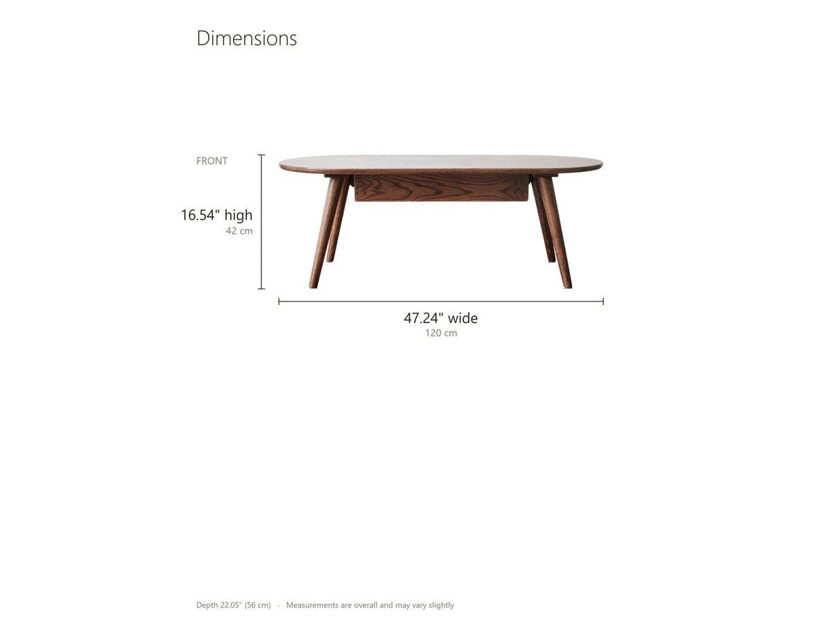Neive 47-Inch Oval Walnut-Stained Solid Oak Coffee Table with 2 Drawers dimensions: 47.24 in wide, 22.05 in deep, 16.54 in high