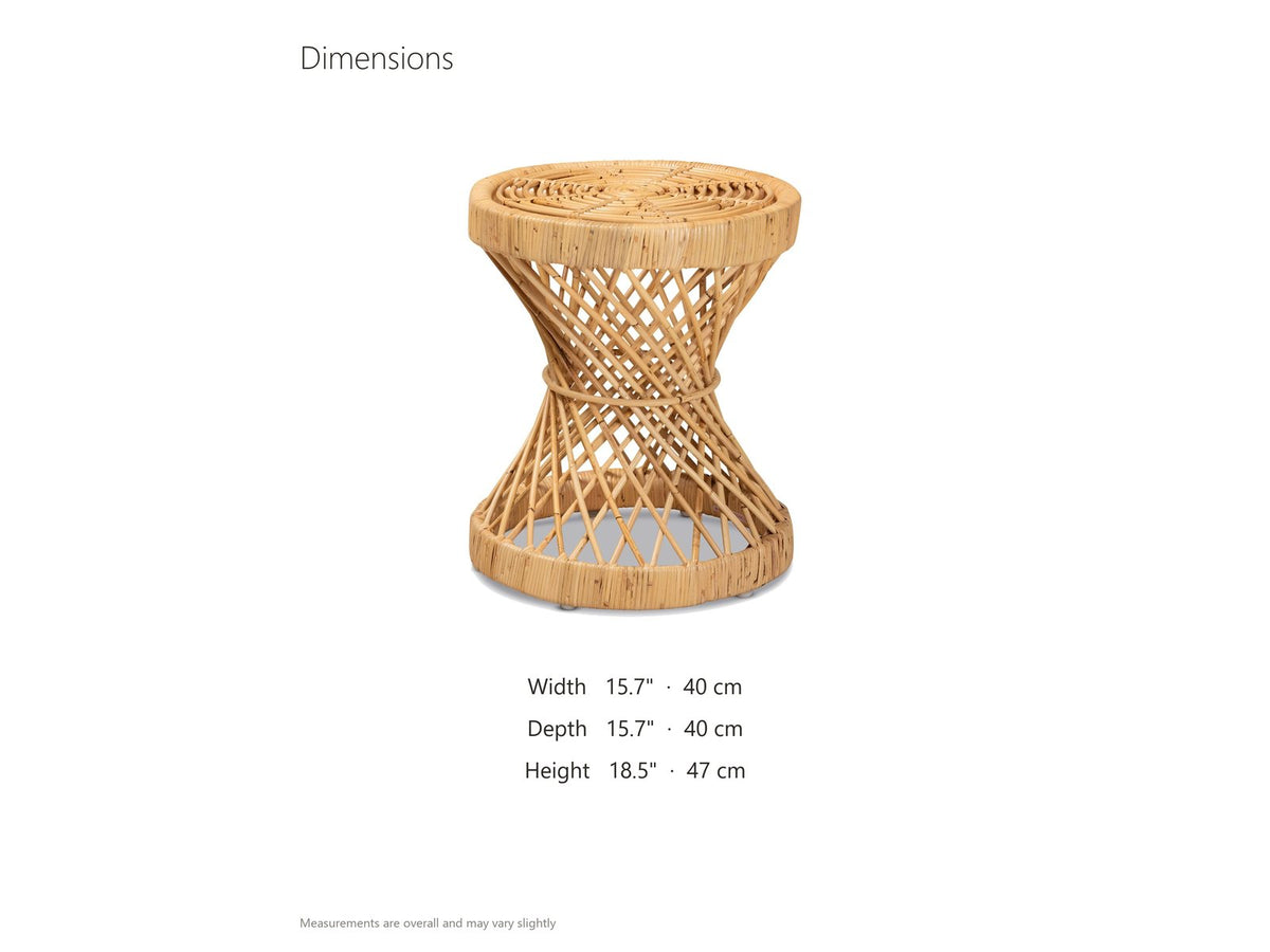 Neviano Natural Rattan Hourglass Side Table dimensions: 15.7 in wide, 15.7 in deep, 18.5 in high